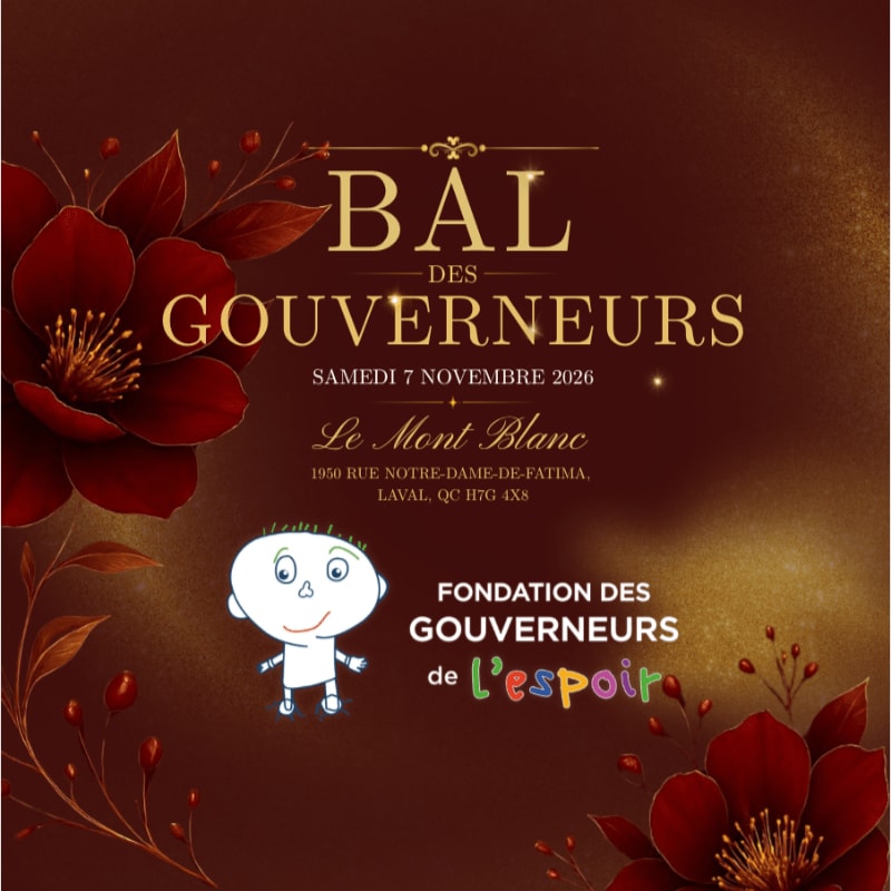 A stylized cartoon character stands in the foreground against a dark, floral-patterned background advertising the "Bal des Gouverneurs" event.