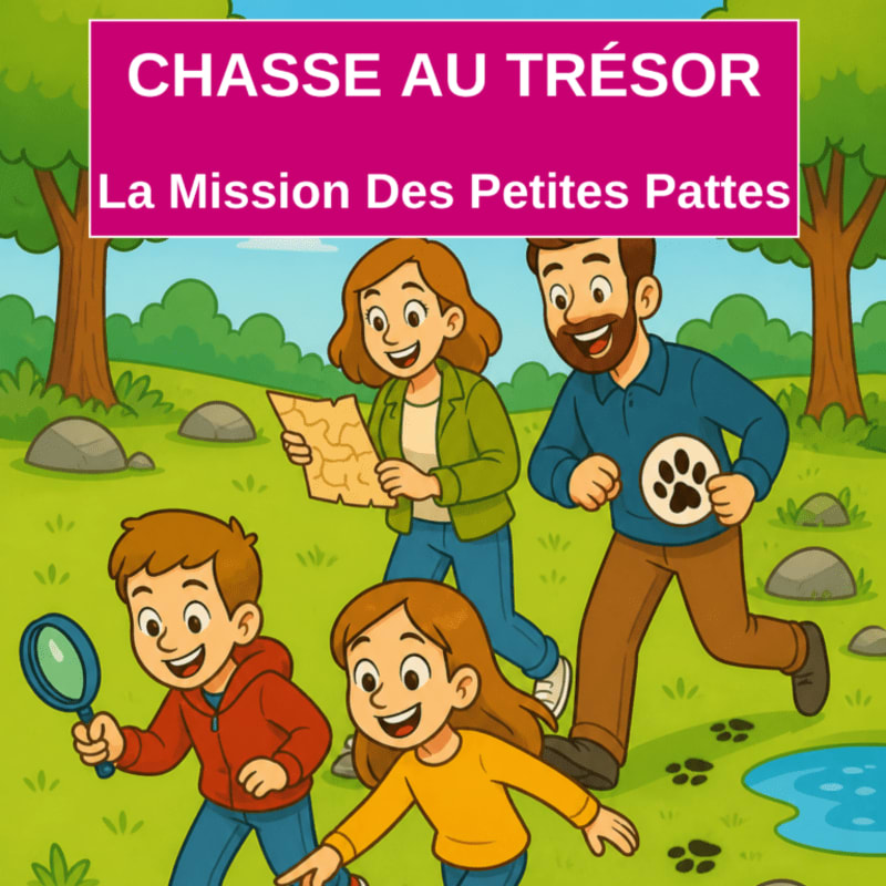 A family with two children, one holding a magnifying glass and the other pointing, are on a treasure hunt in a park with trees and rocks in the background.