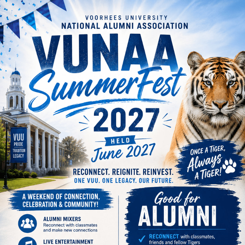 A tiger roars in the foreground of a Voorhees University alumni event poster, with a building and blue bunting in the background.