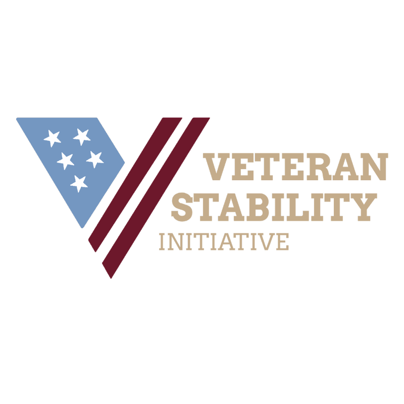 A stylized American flag forms a "V" shape in the foreground, with the words "VETERAN STABILITY INITIATIVE" in tan text to the right, all set against a white background.