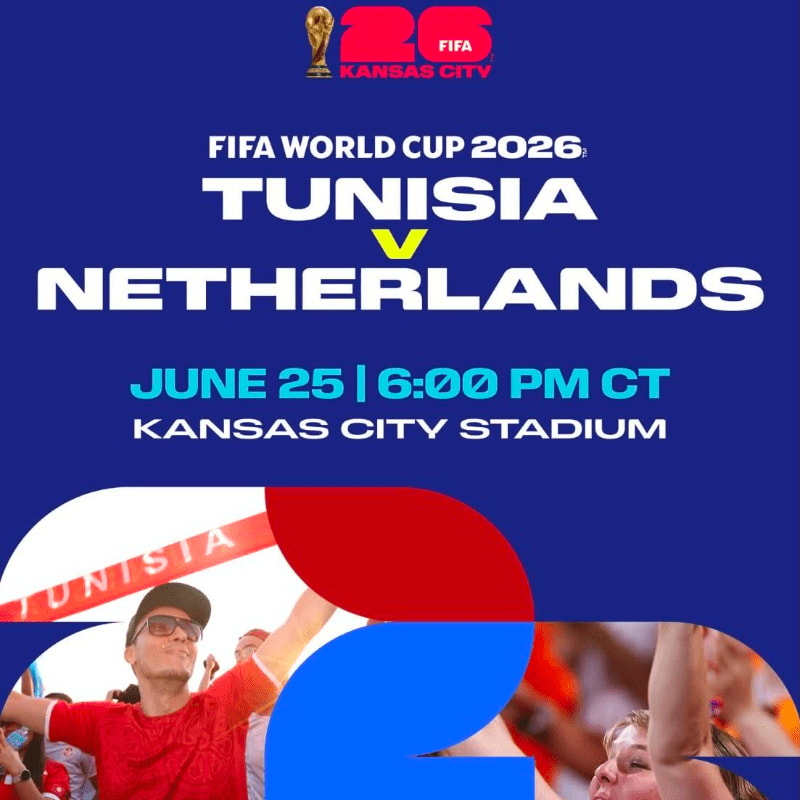 A crowd of cheering fans, some wearing red and white, are visible in the foreground against a blue background advertising the FIFA World Cup 2026 match between Tunisia and the Netherlands in Kansas City.