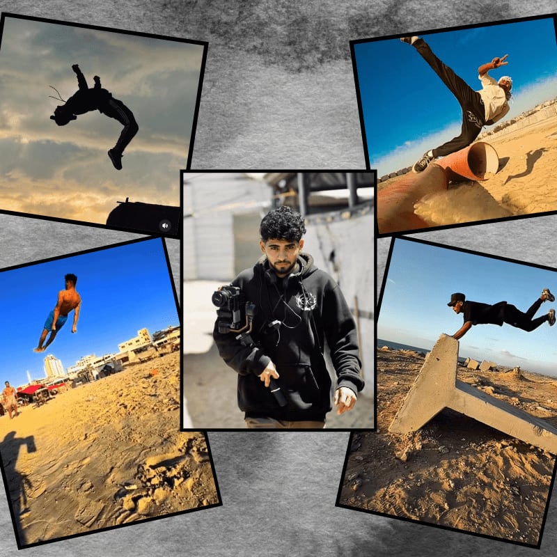 A central portrait of a man holding a camera is surrounded by five action shots of parkour athletes performing flips and jumps against a textured gray background.