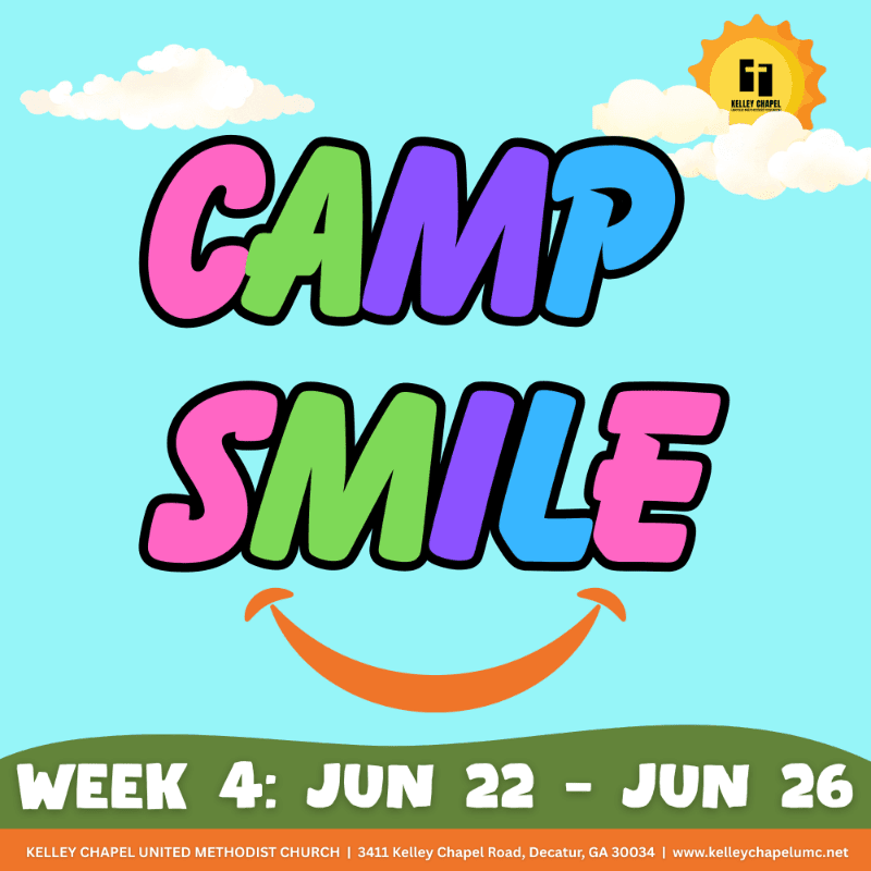 Colorful text "CAMP SMILE" with an orange smile below it is set against a bright blue sky with clouds and a sun logo, while the bottom displays event details.