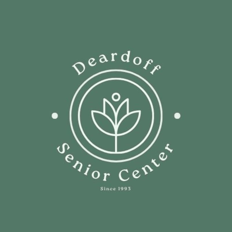 A white line logo featuring a stylized flower within a circle and the text "Deardoff Senior Center Since 1993" is centered on a muted green background.