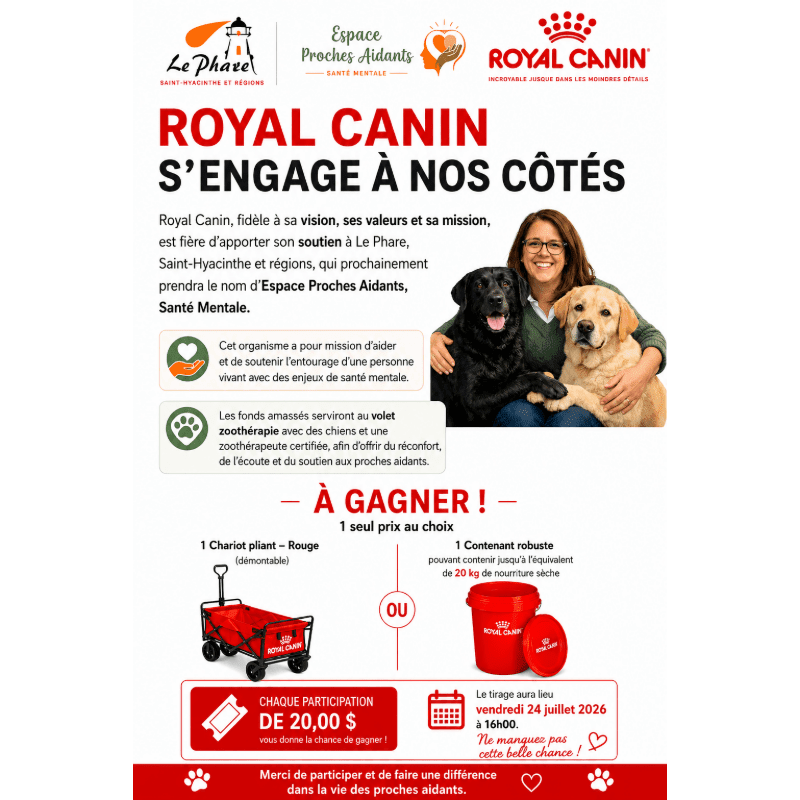 A woman smiles with a black and a yellow lab in front of a poster announcing Royal Canin's support for a mental health organization, with prizes and participation details below.