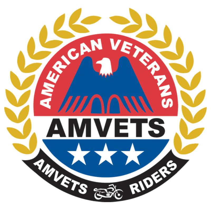 A circular emblem with a red and blue eagle at the top, the word "AMVETS" in white letters on a black band, and three white stars on a blue band below, all surrounded by a laurel wreath.