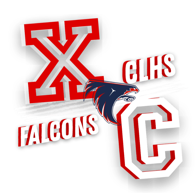 Large red and white letters "X" and "C" with the word "FALCONS" and a bird logo are in the foreground, while the letters "LIHS" are in the background.