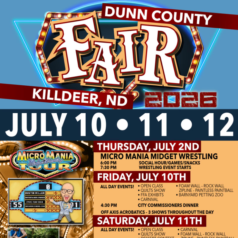 A colorful poster advertises the Dunn County Fair in Killdeer, ND, with a vibrant "FAIR" logo in the foreground and event details for July 10-12 in the background.