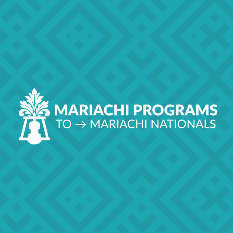 A white logo with the text "MARIACHI PROGRAMS TO -> MARIACHI NATIONALS" is displayed on a teal background with a repeating geometric pattern.