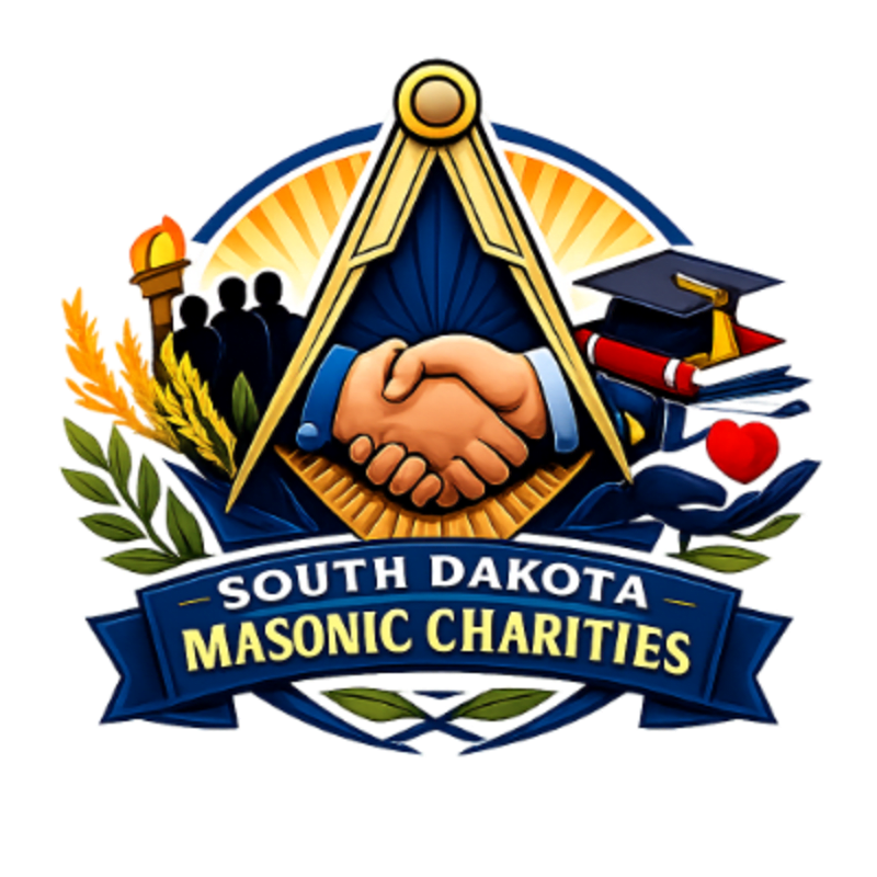 Two hands shake within a compass and square emblem, with symbols of education, community, and charity surrounding it, all set against a radiating sunburst background.