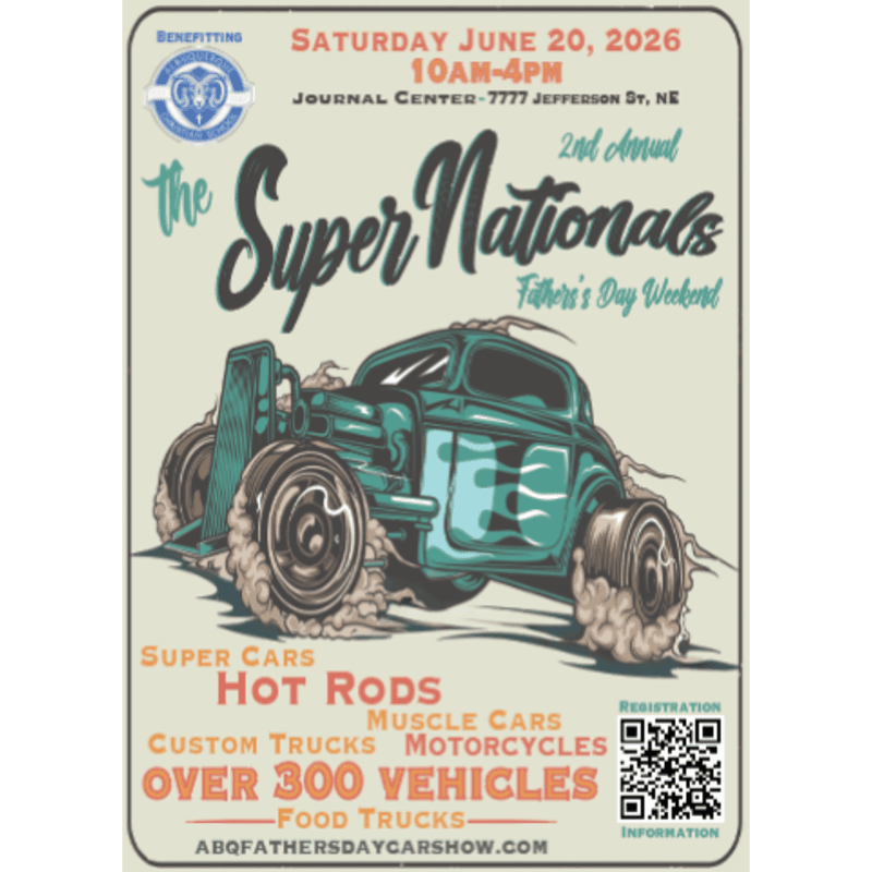 A vintage teal hot rod with flames on its side kicks up dust in the foreground, while the background displays event details for the "Super Nationals" car show on Father's Day weekend.