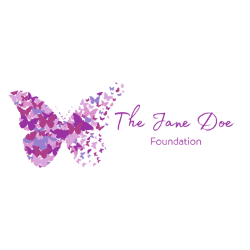 A large butterfly formed from many smaller purple butterflies is on the left, with the words "The Jane Doe Foundation" written in purple script to its right on a white background.