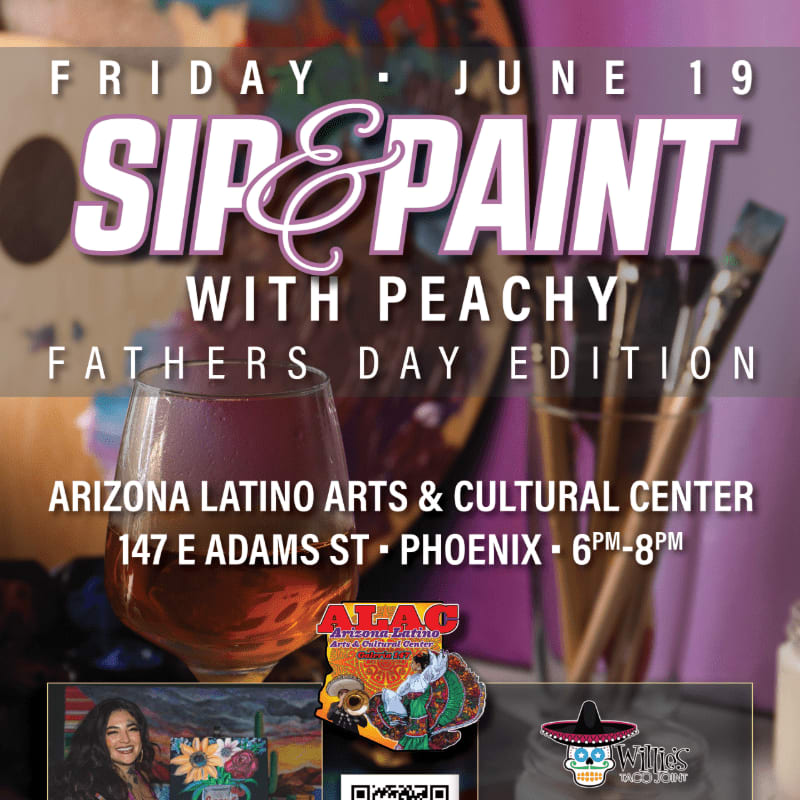 A glass of amber liquid sits in the foreground, with art supplies and a painting in the background, advertising a "Sip & Paint" event.