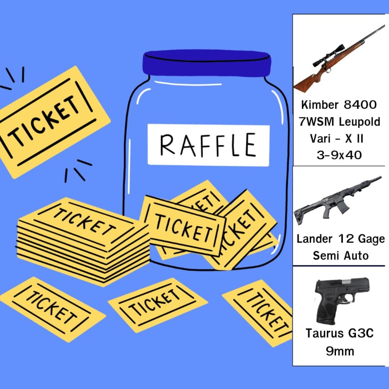 A jar labeled "RAFFLE" sits amidst scattered raffle tickets in the foreground, with images of three firearms on the right side of the background.