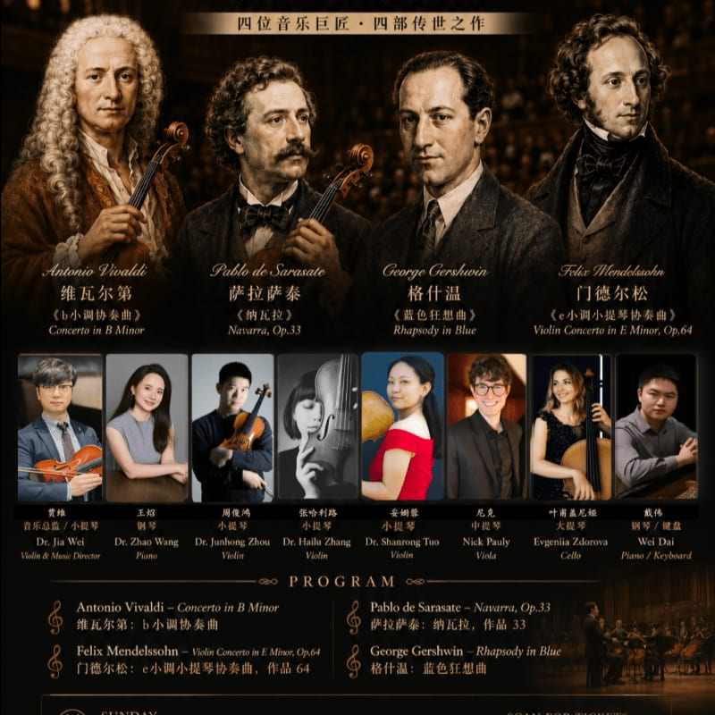 The foreground displays portraits of four composers and eight musicians, while the background features a blurred image of a concert hall.