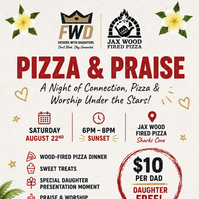 A "Pizza & Praise" event poster with floral accents in the background and event details in the foreground.