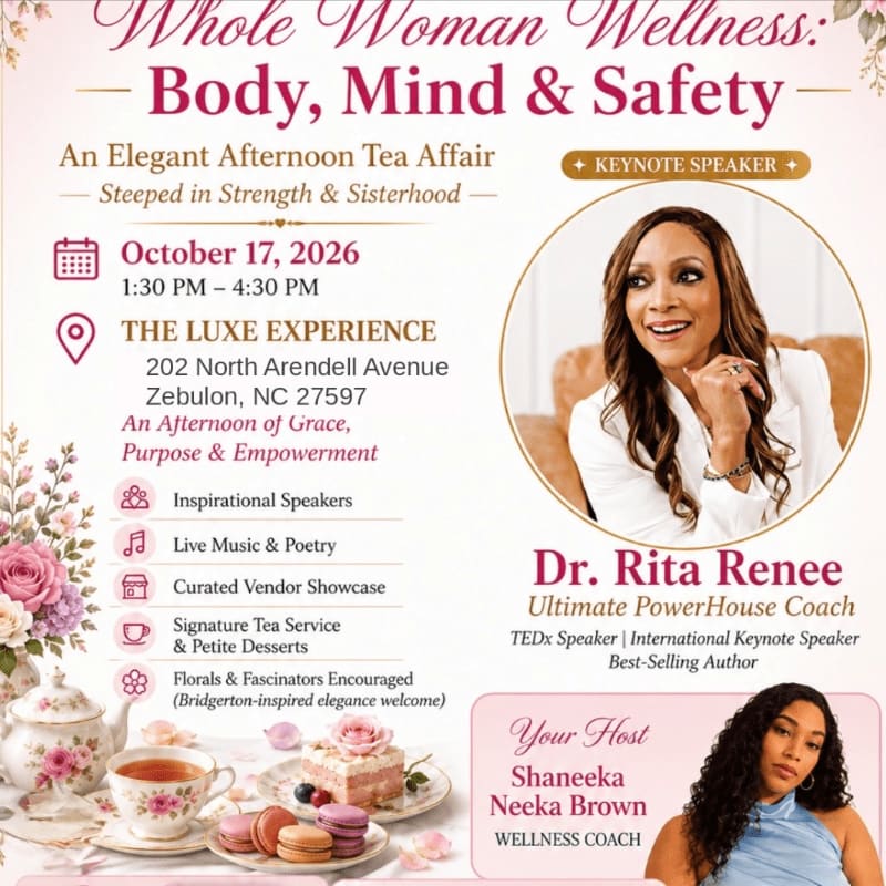 An elegant afternoon tea event poster features a floral tea set in the foreground and a portrait of the keynote speaker, Dr. Rita Renee, in the background.