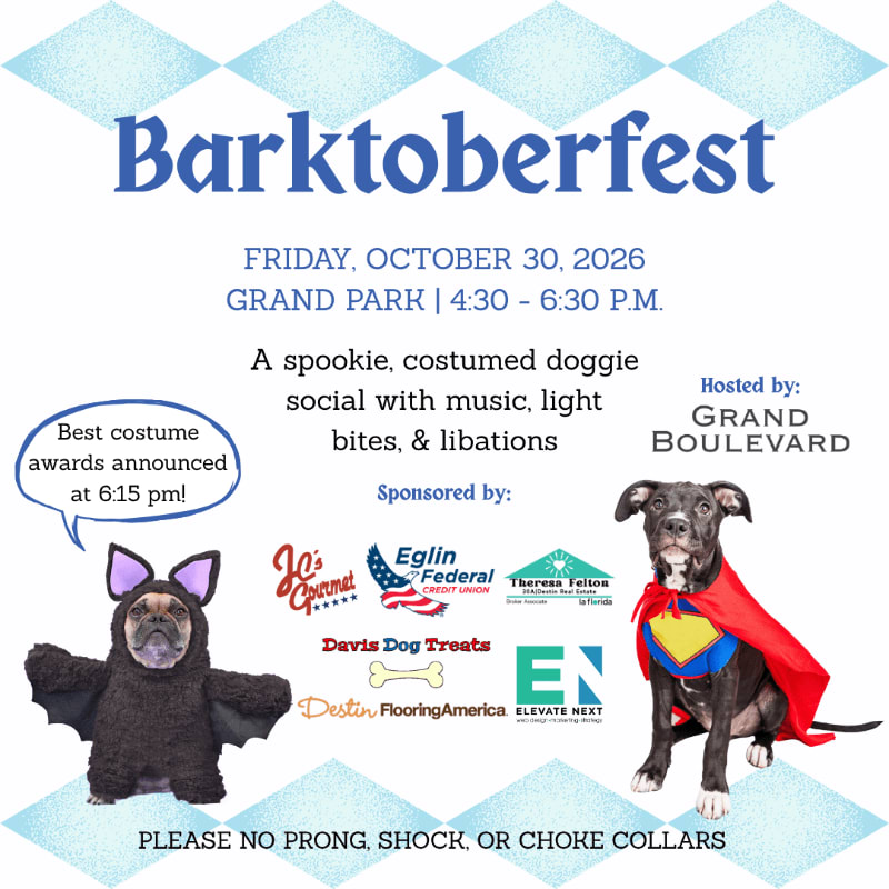 Two dogs in costumes, one as a bat and the other as Superman, are featured in the foreground against a background of event details and sponsor logos.
