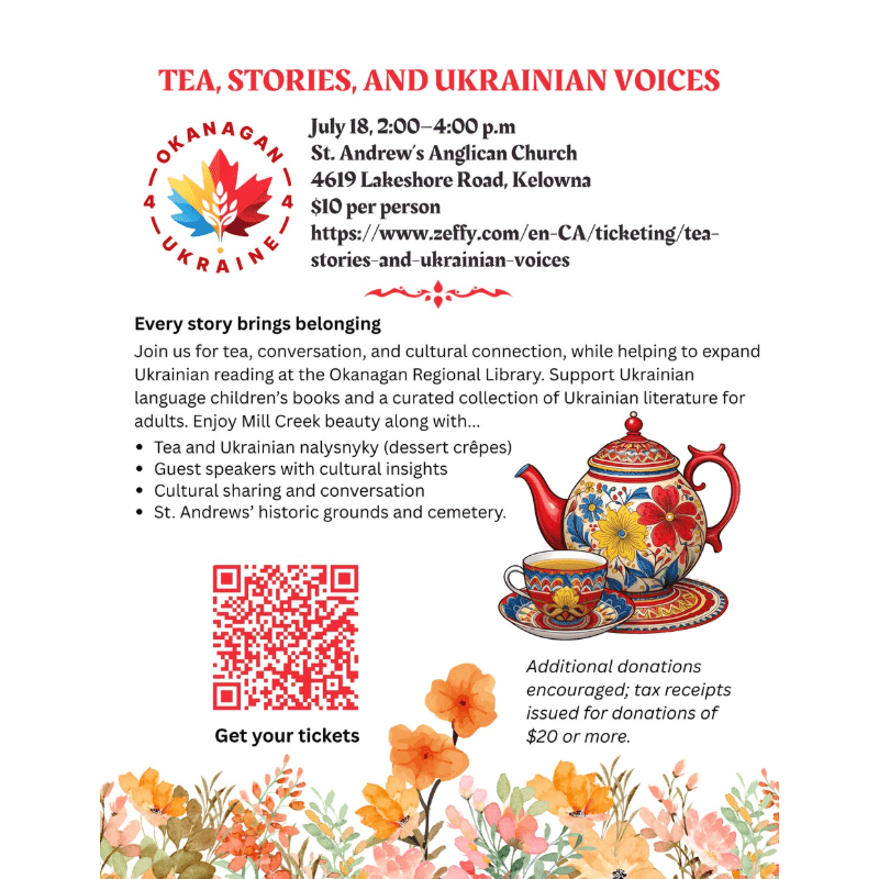 A watercolor floral border frames a flyer for "Tea, Stories, and Ukrainian Voices" featuring a teapot and teacup illustration.