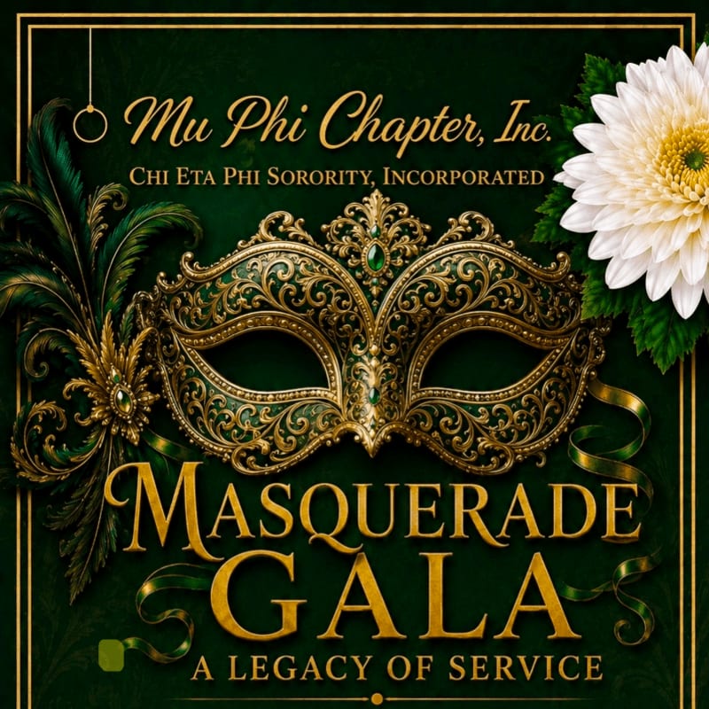 A decorative masquerade mask with feathers and a white flower adorns the foreground, set against a dark green background with elegant text announcing a "Masquerade Gala."