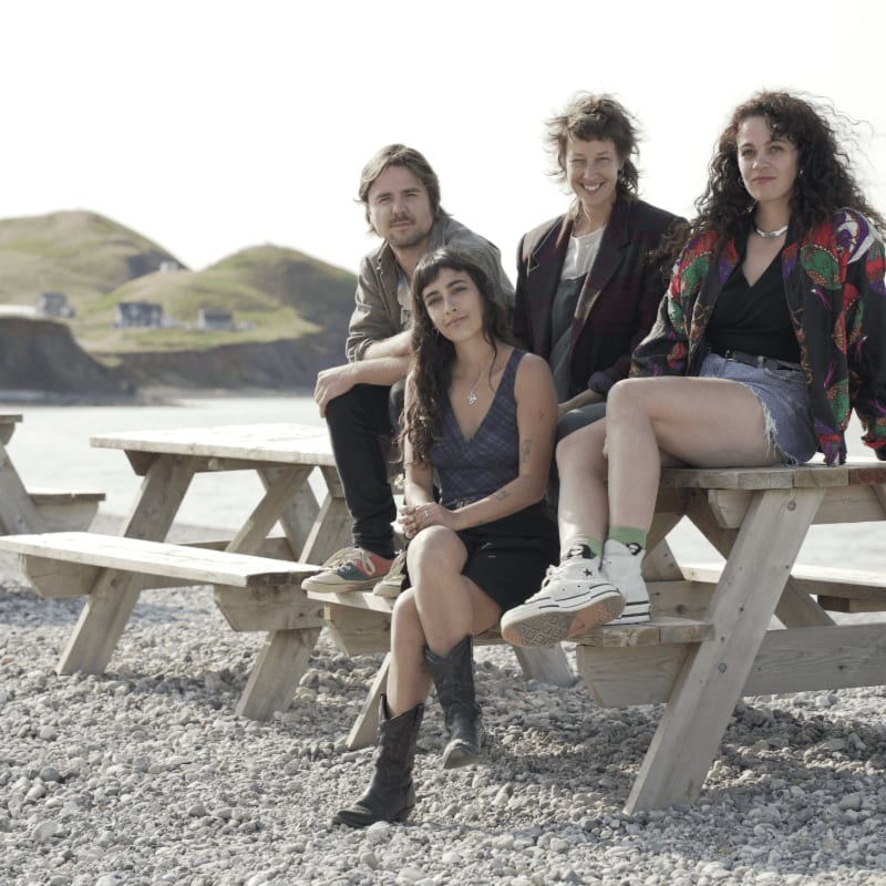 Four people sit on picnic tables in the foreground with a coastal landscape and small houses in the background.
