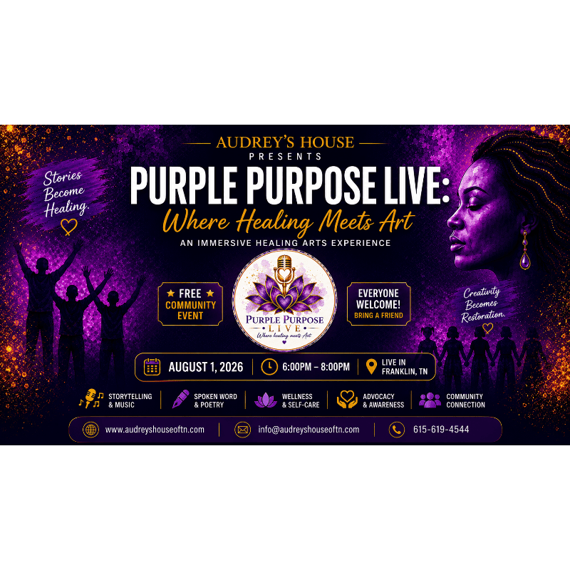 Silhouetted figures with raised arms and glowing particles fill the foreground against a vibrant purple background advertising "Purple Purpose Live: Where Healing Meets Art," an immersive healing arts experience.
