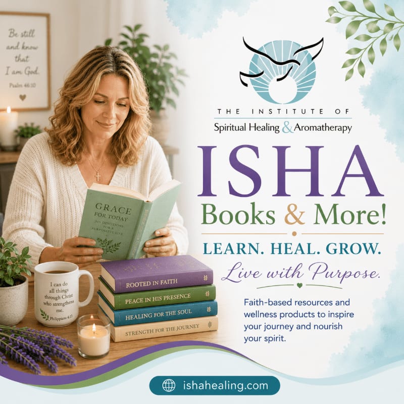 A woman reads a book in the foreground, with a stack of inspirational books, a mug, and a candle on a wooden table, while the background features a watercolor design with the ISHA logo and text.