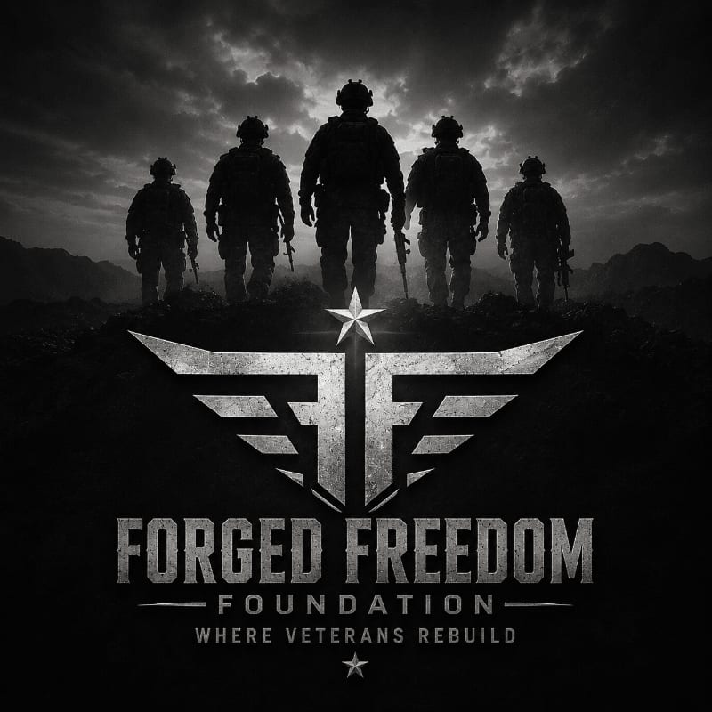 Silhouetted soldiers stand atop a rocky hill in the background, above a metallic logo for "FORGED FREEDOM FOUNDATION" in the foreground.