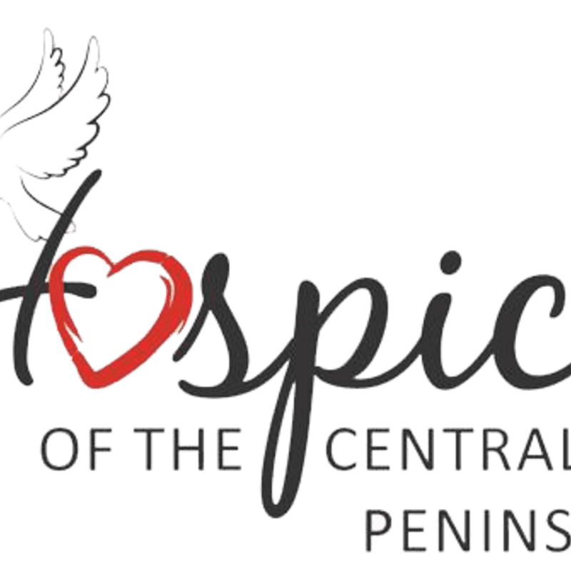 A white dove flies above a red heart integrated into the word "hospice," with smaller text below reading "OF THE CENTRAL PENINSULA."