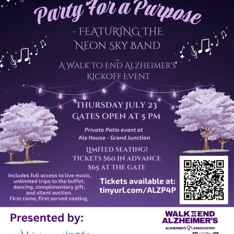 A purple flyer advertises a "Party For a Purpose" and "A Walk to End Alzheimer's Kickoff Event" featuring the Neon Sky Band, with decorative trees and musical notes in the background.