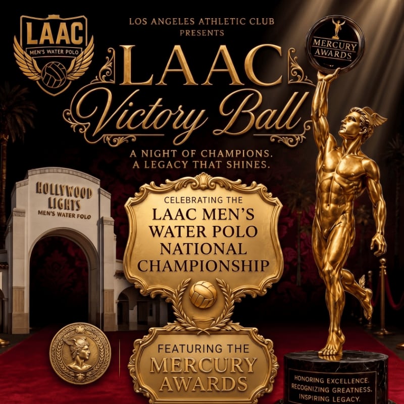 A golden statue of a winged figure stands on a red carpet in the foreground, with the "LAAC Victory Ball" event details and a Hollywood-style archway in the background.