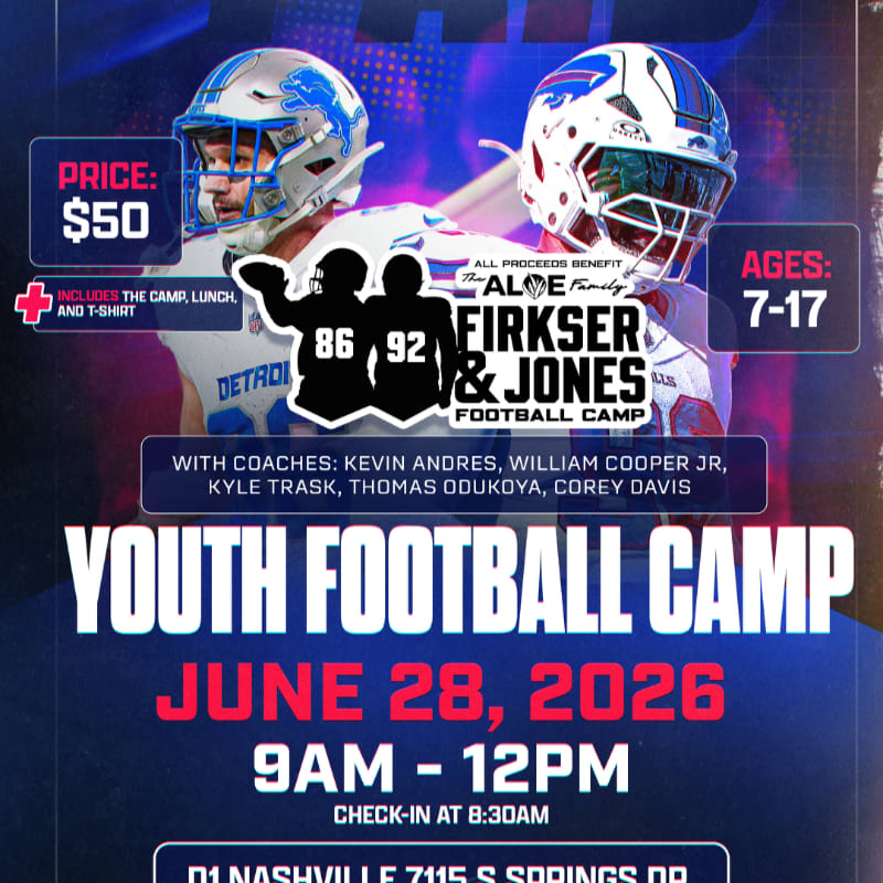 Two football players in helmets are featured in the foreground with camp details and coaches' names in the background.