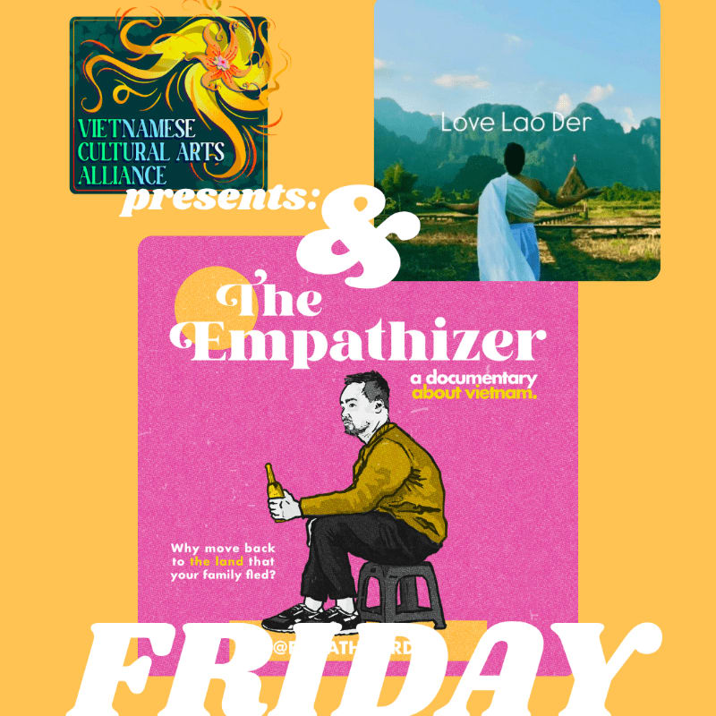 A man holding a bottle sits on a stool in the foreground, with a pink poster for "The Empathizer" behind him, while the background features two smaller images: one with abstract art and text, and another of a person in a white robe looking at a landscape.