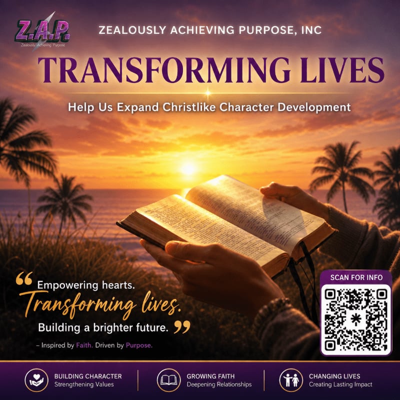 Hands hold an open book against a sunset beach backdrop, with text overlaying the scene promoting "Transforming Lives" and "Christlike Character Development."