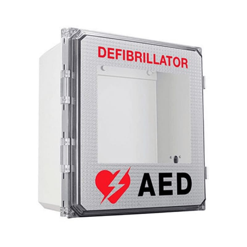 A white AED cabinet with a clear front panel displaying "DEFIBRILLATOR" and a red heart with a lightning bolt is shown against a plain white background.
