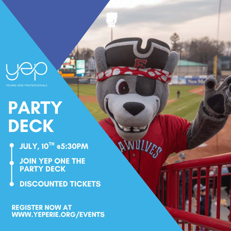 A costumed wolf mascot in a pirate hat and red jersey stands on a stadium deck in the foreground, with a baseball field and lights visible in the background, all overlaid with event details for "Party Deck" on July 10th.