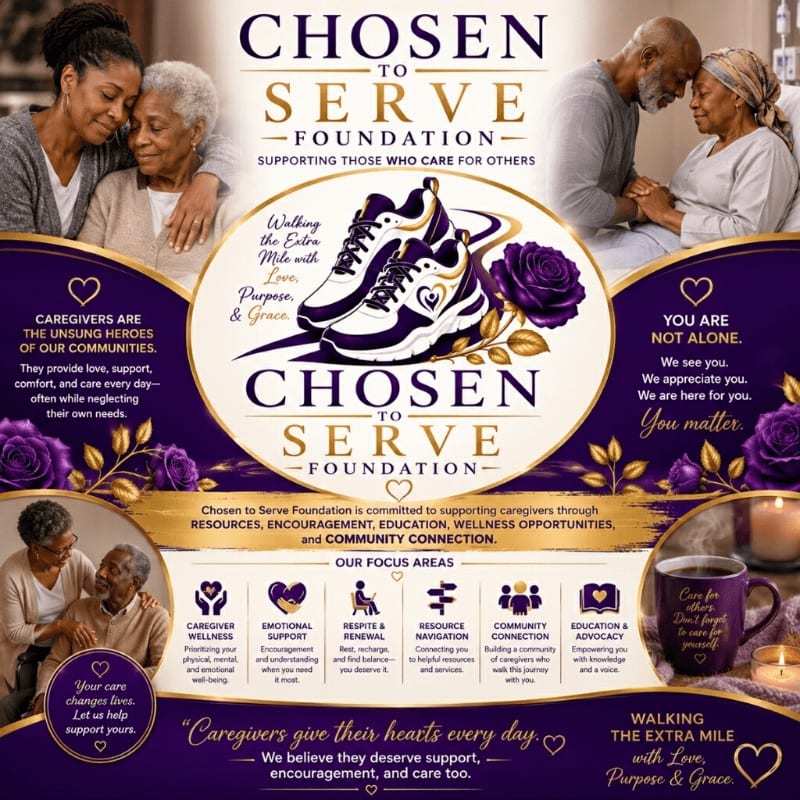In the foreground, a mug and candle sit beside a graphic of running shoes and roses, while the background features touching images of elderly couples and text about the Chosen to Serve Foundation.