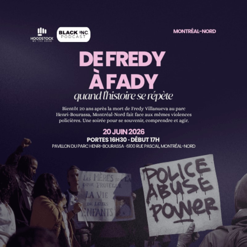 A crowd holds signs, one reading "POLICE ABUSE POWER," against a dark background with event details for "DE FREDY À FADY."
