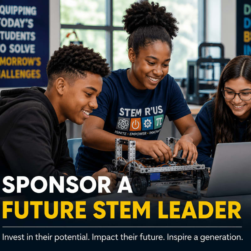 Three smiling teenagers work on a robotics project in the foreground, with a motivational poster and equipment in the background.