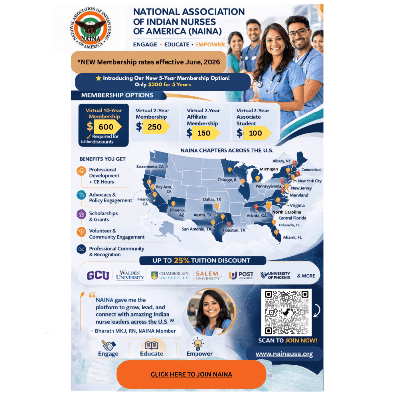 A group of smiling nurses in scrubs are featured in the background, while the foreground details membership options, benefits, and chapters of the National Association of Indian Nurses of America.