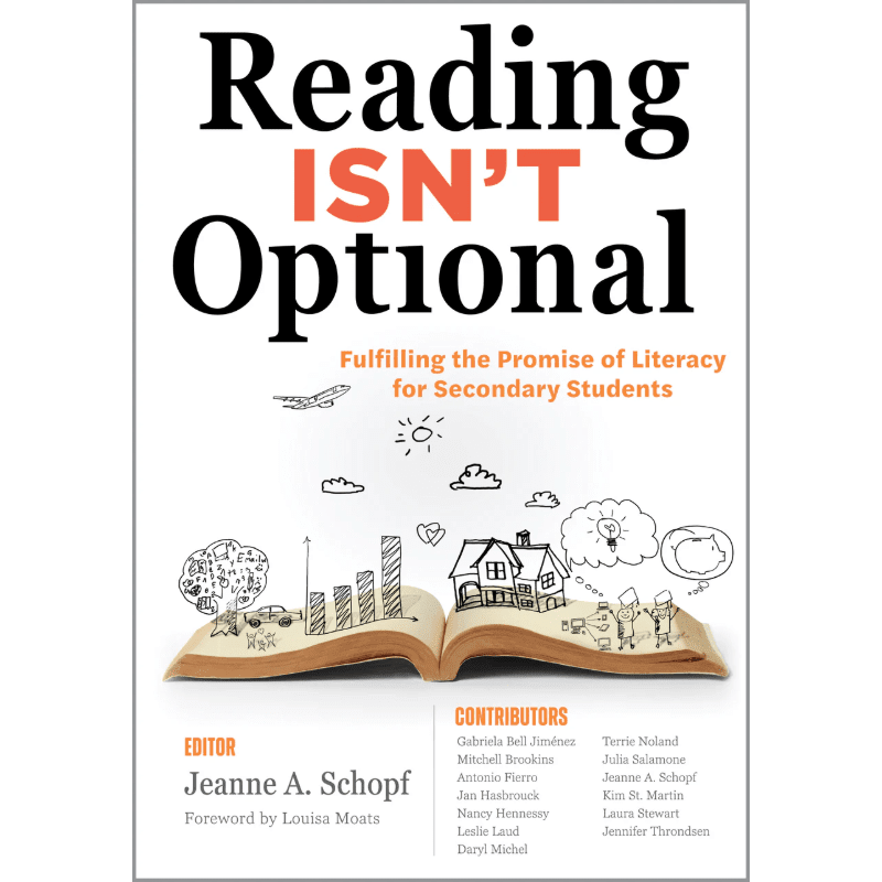 An open book in the foreground displays the title "Reading ISN'T Optional" with a background of hand-drawn illustrations representing learning and growth.