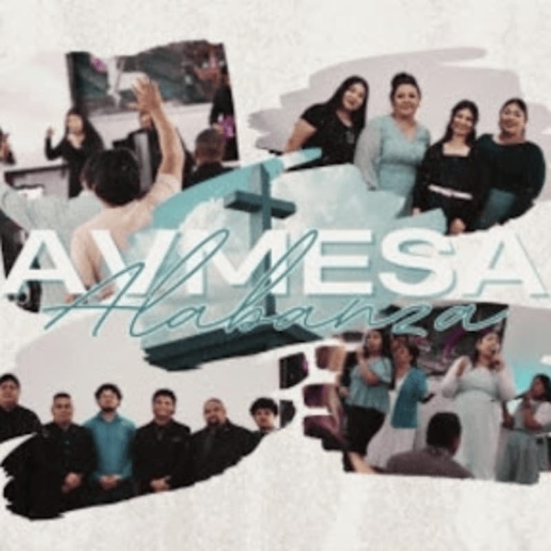 A collage of images shows a group of people in the foreground, with a textured background featuring a cross and text.