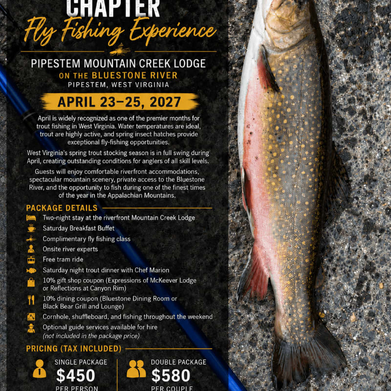 A large trout is displayed in the foreground against a textured background with text detailing a fly fishing experience.