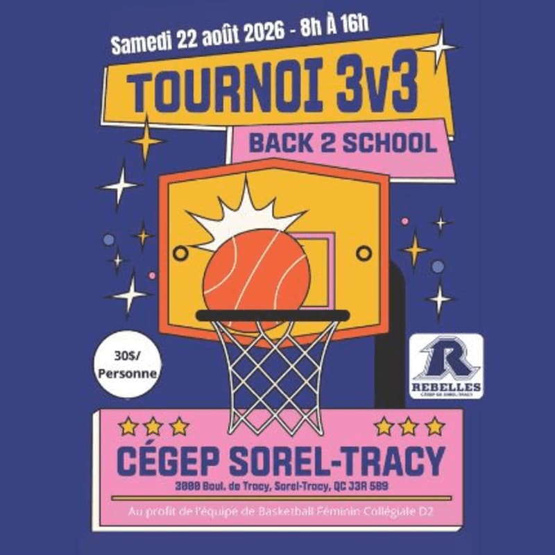 A vibrant poster advertises a 3v3 basketball tournament with a basketball hoop in the foreground and event details in the background.