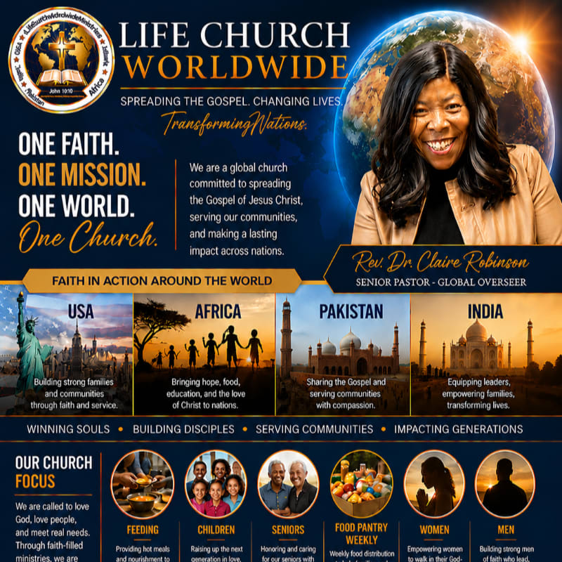 A smiling woman is featured prominently in the upper right, with the Earth in the background, while the lower portion of the image displays various scenes of faith in action around the world and the church's focus.