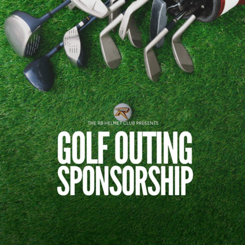 Golf clubs are arranged on a green grassy surface with the words "GOLF OUTING SPONSORSHIP" prominently displayed.