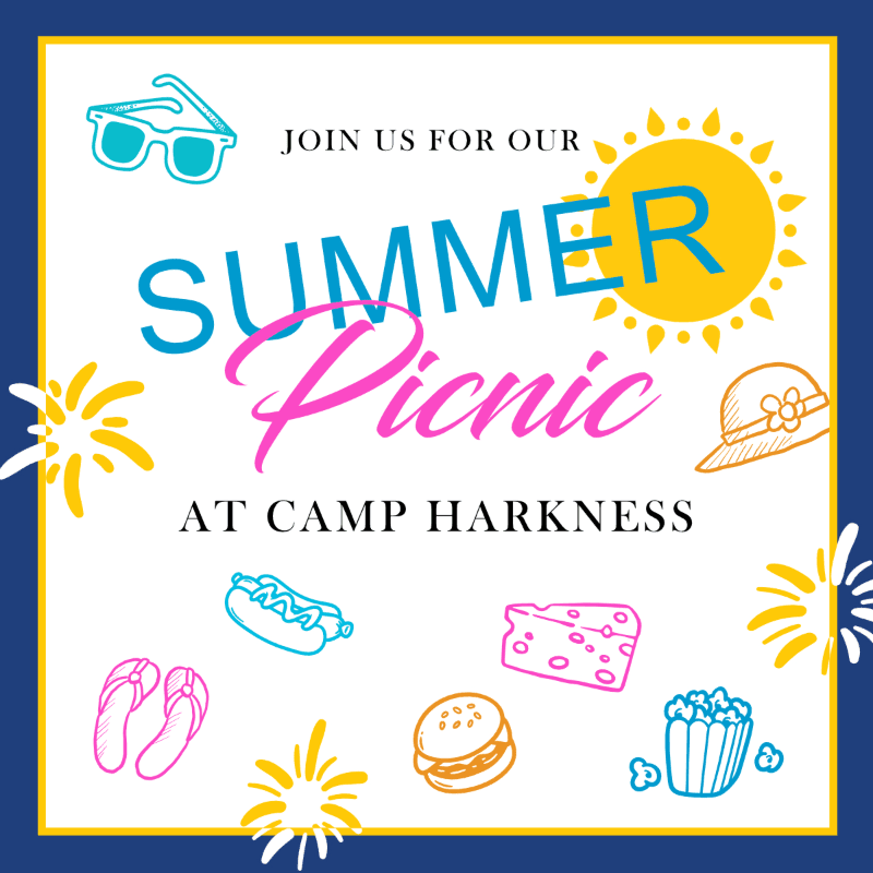 A bright, colorful invitation for a summer picnic at Camp Harkness features picnic food and summer accessories in the foreground against a sunny background.