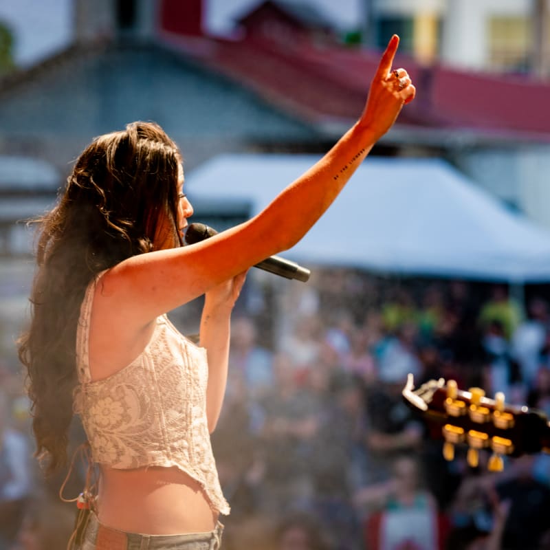 A woman with long dark hair sings into a microphone with her arm raised, while a blurred crowd and a guitar neck are visible in the background.