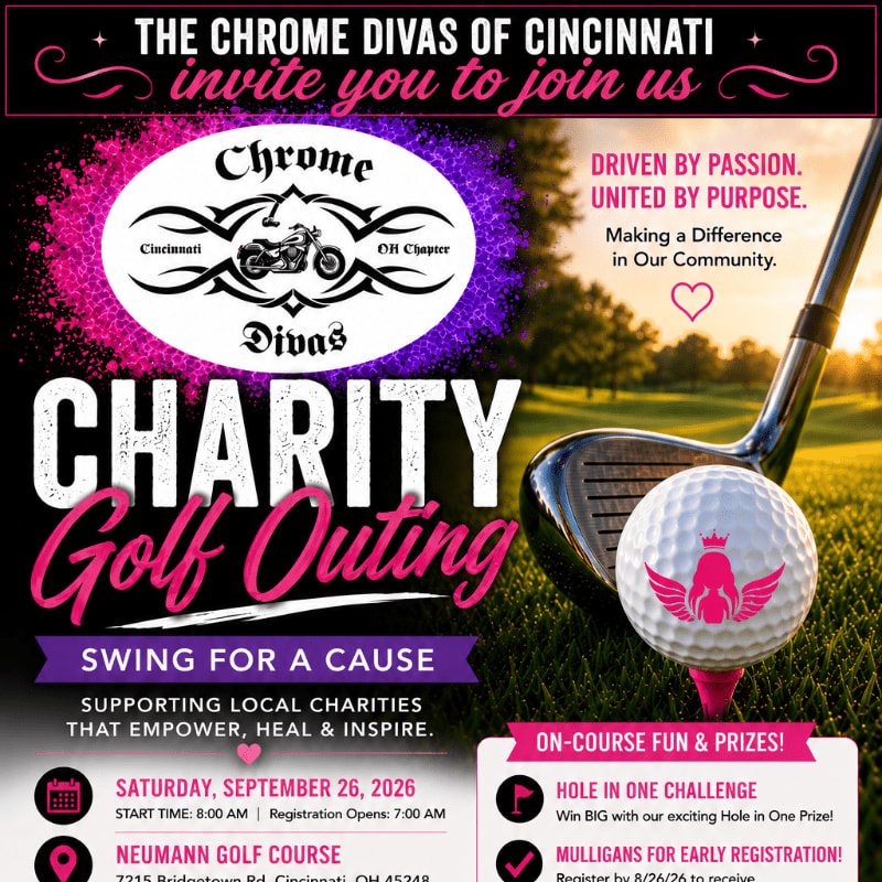 A golf ball and club are in the foreground against a sunset background, advertising a charity golf outing by the Chrome Divas of Cincinnati.