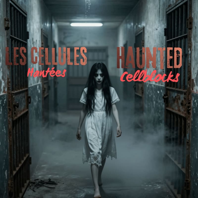A ghostly figure in a white dress walks down a dimly lit, smoky hallway lined with prison cells, with the words "LES CELLULES HAUNTED cellblocks" superimposed over the scene.